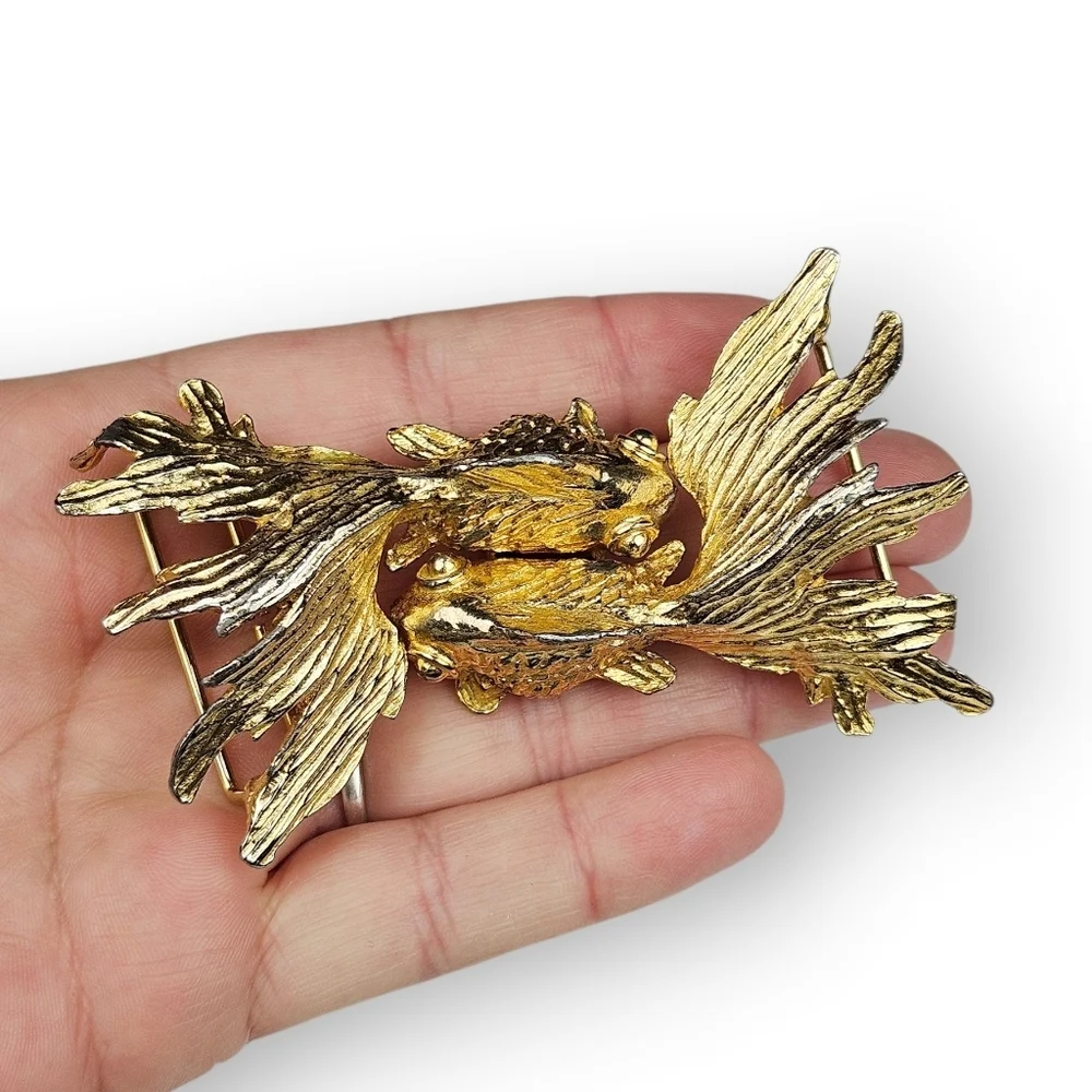 Mimi Di N Koi Fish Belt Buckle Gold Plated Interlocking Dimensional 1974 70s Vtg